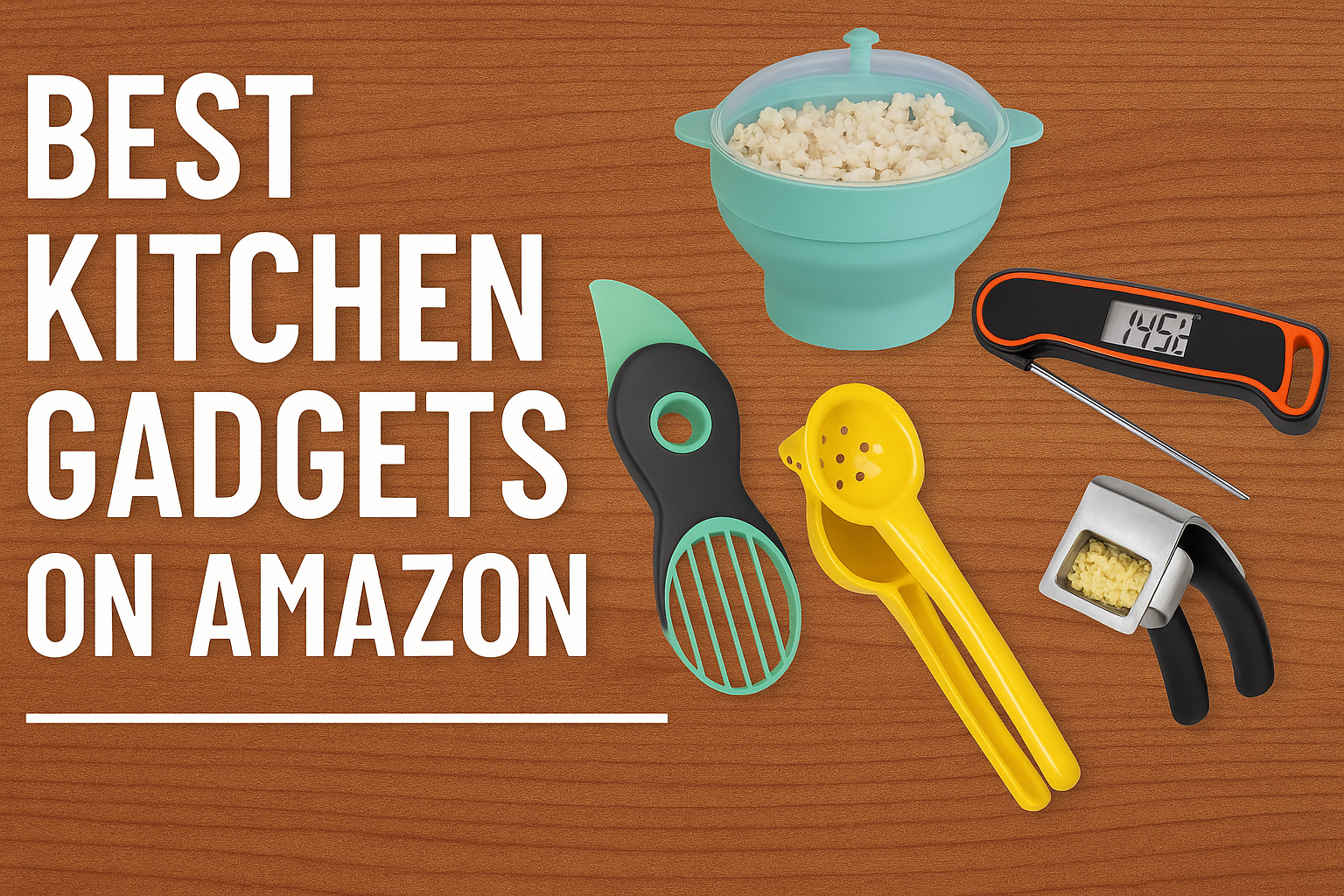 Best Amazon kitchen gadgets including meat thermometer, spatula set, whisk set, and electric grinder