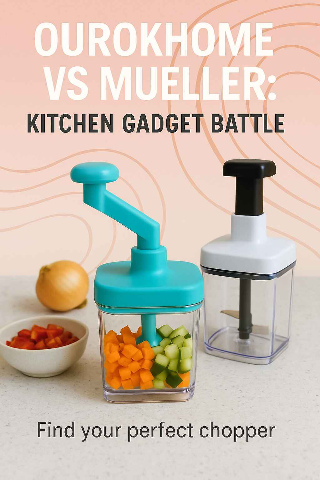 Vertical Pinterest pin showcasing Mueller vs. Ourokhome kitchen gadget battle with diced vegetables