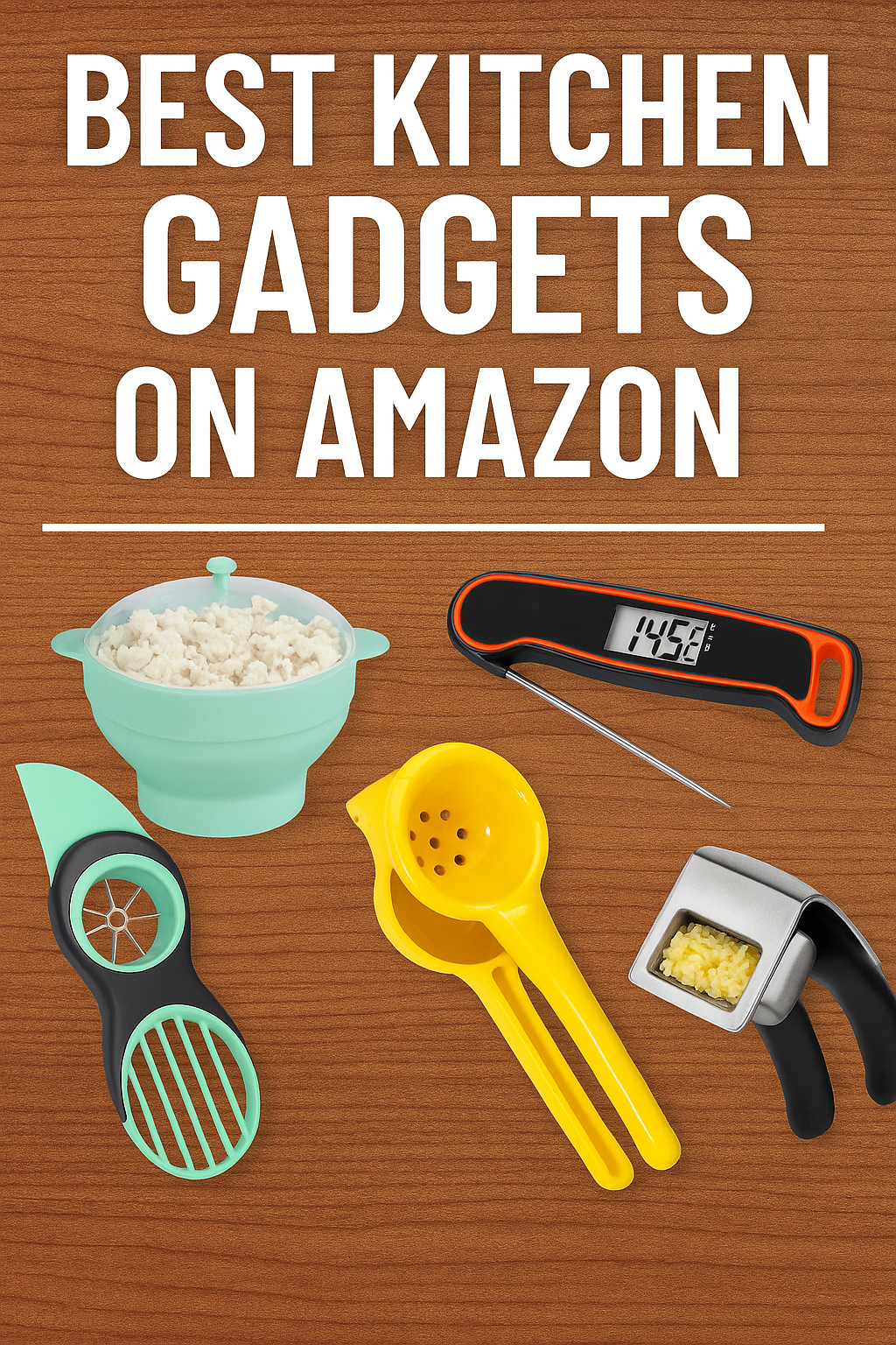 Top Amazon kitchen gadgets vertical Pinterest pin with best buys