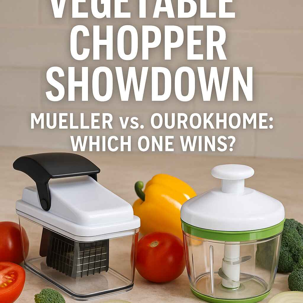 Ourokhome vs Mueller vegetable chopper showdown with diced vegetables and text overlay