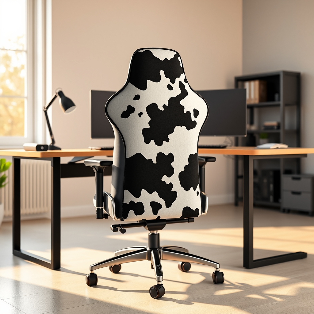 EXRACING gaming chair review - cow print gaming chair with diamond stitching at modern desk setup